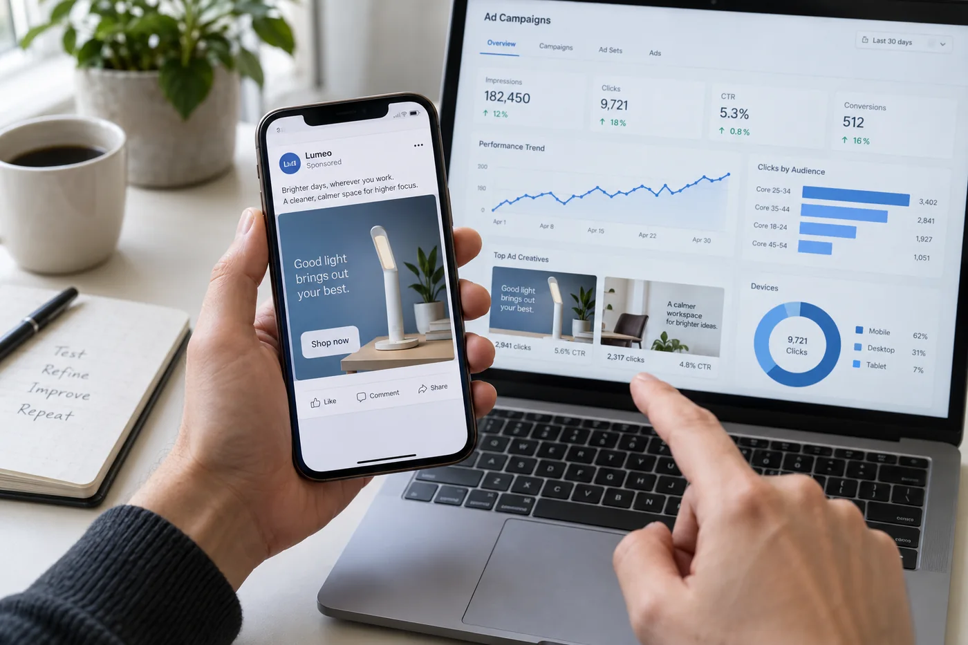 Illustrative campaign optimization reviewing a mobile advertisement and performance reports