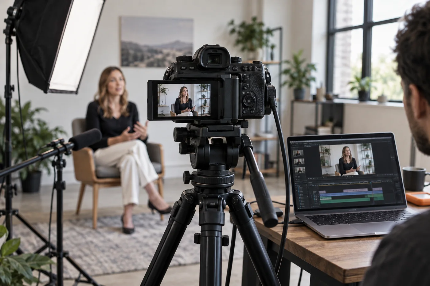 Illustrative content production with an interview camera and video editing workspace