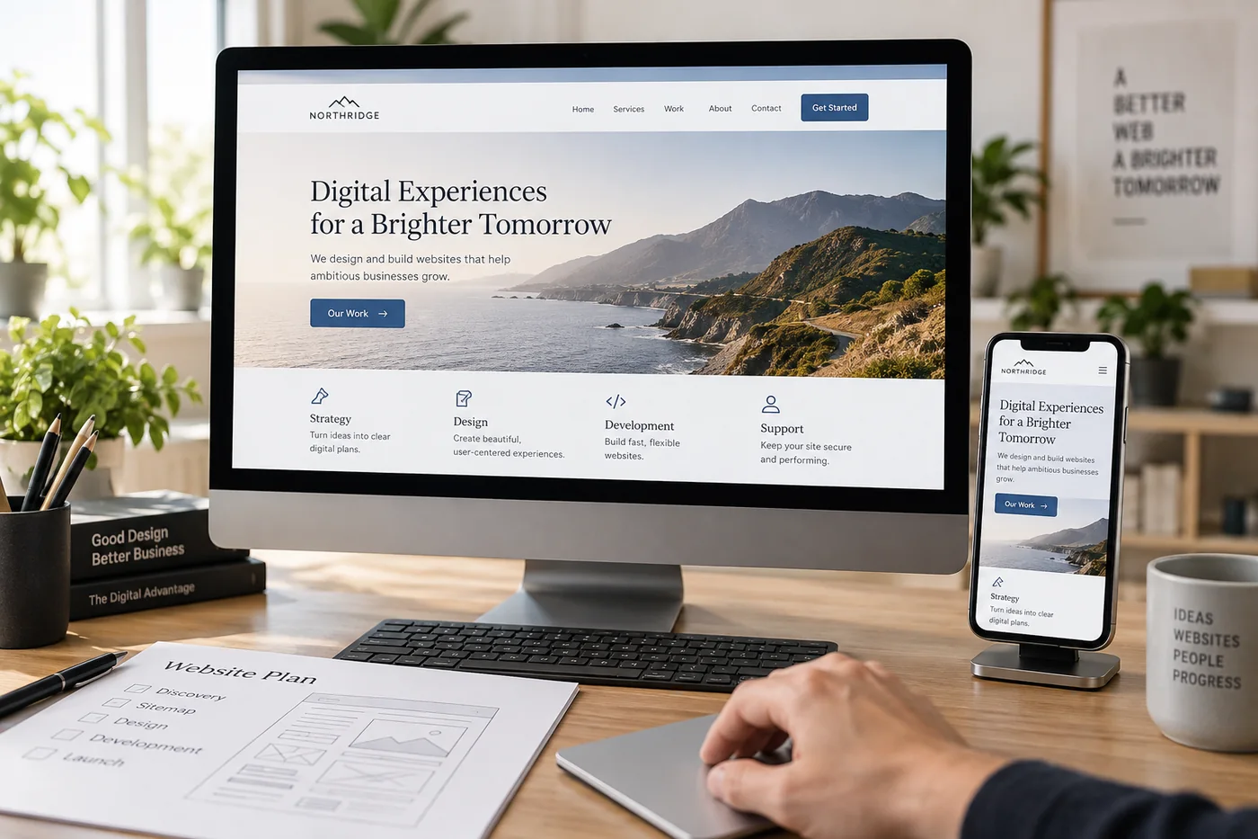 Illustrative website design workflow reviewing desktop and mobile layouts