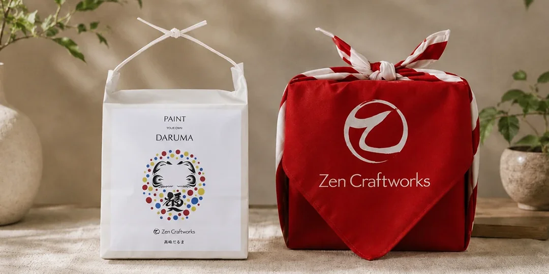 Zen Craftworks Takasaki Daruma painting kit and red furoshiki wrapping